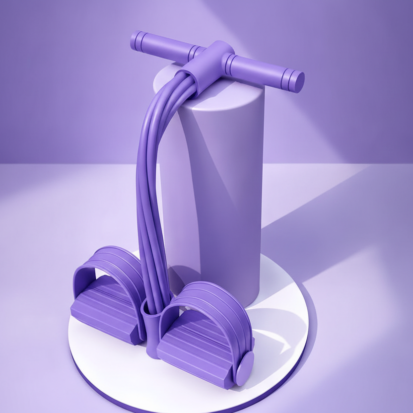 Purple resistance band set on a white stand against a purple background